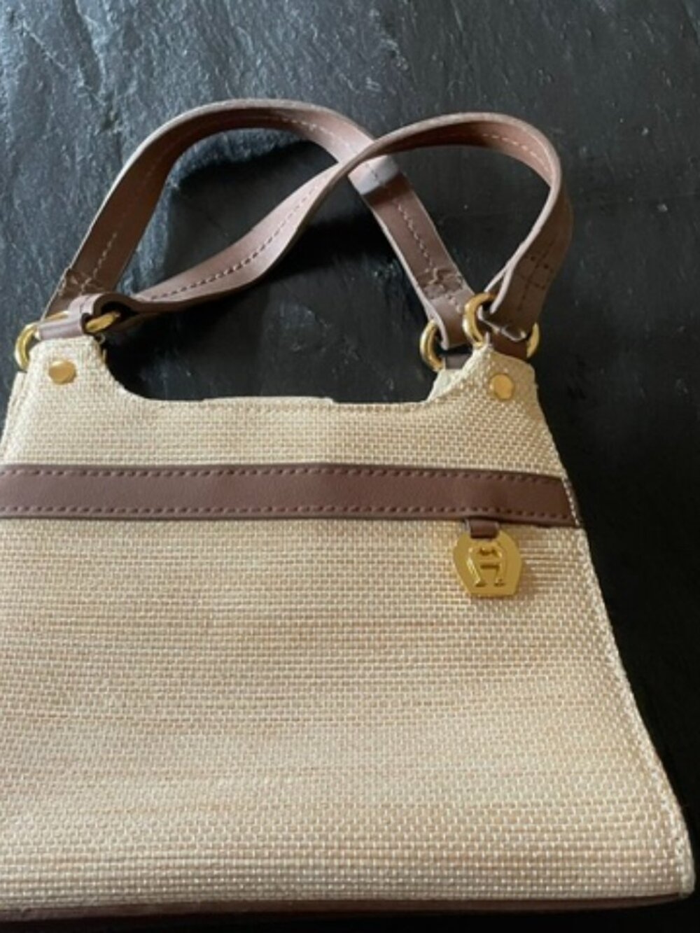 Etienne Aigner straw handbag vintage - brown trim - gold logo on front